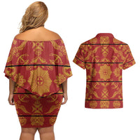 Lesotho Seanamarena Kharetsa Royal Red Couples Matching Off Shoulder Short Dress and Hawaiian Shirt Basotho Traditional Blanket Style - Wonder Print Shop