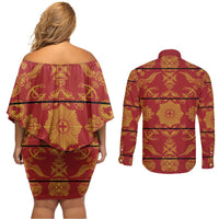 Lesotho Seanamarena Kharetsa Royal Red Couples Matching Off Shoulder Short Dress and Long Sleeve Button Shirt Basotho Traditional Blanket Style - Wonder Print Shop