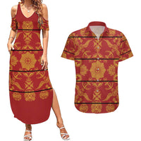 Lesotho Seanamarena Kharetsa Royal Red Couples Matching Summer Maxi Dress and Hawaiian Shirt Basotho Traditional Blanket Style - Wonder Print Shop