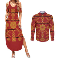 Lesotho Seanamarena Kharetsa Royal Red Couples Matching Summer Maxi Dress and Long Sleeve Button Shirt Basotho Traditional Blanket Style - Wonder Print Shop