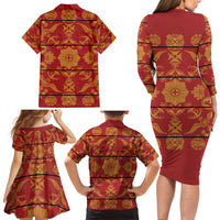 Lesotho Seanamarena Kharetsa Royal Red Family Matching Long Sleeve Bodycon Dress and Hawaiian Shirt Basotho Traditional Blanket Style - Wonder Print Shop