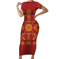 Lesotho Seanamarena Kharetsa Royal Red Family Matching Short Sleeve Bodycon Dress and Hawaiian Shirt Basotho Traditional Blanket Style - Wonder Print Shop