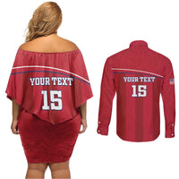 Custom Liberia Football Couples Matching Off Shoulder Short Dress and Long Sleeve Button Shirt Lion Mascot - Red - Wonder Print Shop