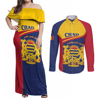 Personalised Chad Couples Matching Off Shoulder Maxi Dress and Long Sleeve Button Shirt Coat Of Arms - African Pattern