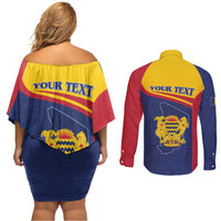 Personalised Chad Couples Matching Off Shoulder Short Dress and Long Sleeve Button Shirt Coat Of Arms - African Pattern