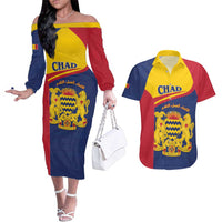 Personalised Chad Couples Matching Off The Shoulder Long Sleeve Dress and Hawaiian Shirt Coat Of Arms - African Pattern