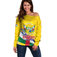 Personalised Central African Republic Independence Day Off Shoulder Sweater Coat Of Arms Proteas