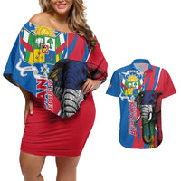 Personalised Central African Republic Couples Matching Off Shoulder Short Dress and Hawaiian Shirt Elephant Coat Of Arms