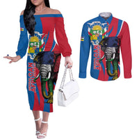 Personalised Central African Republic Couples Matching Off The Shoulder Long Sleeve Dress and Long Sleeve Button Shirt Elephant Coat Of Arms