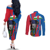 Personalised Central African Republic Couples Matching Off The Shoulder Long Sleeve Dress and Long Sleeve Button Shirt Elephant Coat Of Arms