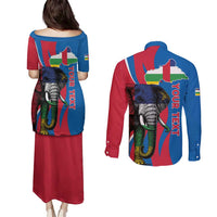 Personalised Central African Republic Couples Matching Puletasi and Long Sleeve Button Shirt Elephant Coat Of Arms