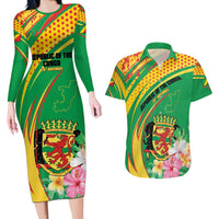 Personalized Congo Republic Day Couples Matching Long Sleeve Bodycon Dress and Hawaiian Shirt Coat Of Arms With Tropical Flower - Wonder Print Shop