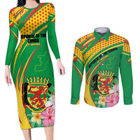 Personalized Congo Republic Day Couples Matching Long Sleeve Bodycon Dress and Long Sleeve Button Shirt Coat Of Arms With Tropical Flower - Wonder Print Shop