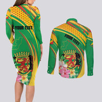 Personalized Congo Republic Day Couples Matching Long Sleeve Bodycon Dress and Long Sleeve Button Shirt Coat Of Arms With Tropical Flower - Wonder Print Shop