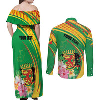 Personalized Congo Republic Day Couples Matching Off Shoulder Maxi Dress and Long Sleeve Button Shirt Coat Of Arms With Tropical Flower - Wonder Print Shop