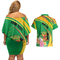 Personalized Congo Republic Day Couples Matching Off Shoulder Short Dress and Hawaiian Shirt Coat Of Arms With Tropical Flower - Wonder Print Shop
