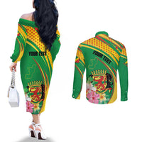 Personalized Congo Republic Day Couples Matching Off The Shoulder Long Sleeve Dress and Long Sleeve Button Shirt Coat Of Arms With Tropical Flower - Wonder Print Shop