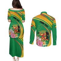 Personalized Congo Republic Day Couples Matching Puletasi and Long Sleeve Button Shirt Coat Of Arms With Tropical Flower - Wonder Print Shop