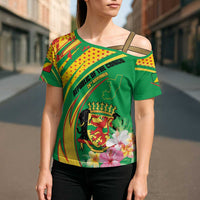 Personalized Congo Republic Day Cross Shoulder Shirt Coat Of Arms With Tropical Flower - Wonder Print Shop