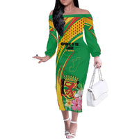 Personalized Congo Republic Day Family Matching Off The Shoulder Long Sleeve Dress and Hawaiian Shirt Coat Of Arms With Tropical Flower - Wonder Print Shop