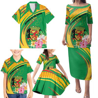 Personalized Congo Republic Day Family Matching Puletasi and Hawaiian Shirt Coat Of Arms With Tropical Flower - Wonder Print Shop