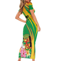 Personalized Congo Republic Day Family Matching Short Sleeve Bodycon Dress and Hawaiian Shirt Coat Of Arms With Tropical Flower - Wonder Print Shop