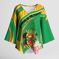 Personalized Congo Republic Day Kimono Sleeve Blouse Coat Of Arms With Tropical Flower - Wonder Print Shop