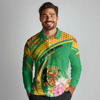 Personalized Congo Republic Day Long Sleeve Polo Shirt Coat Of Arms With Tropical Flower - Wonder Print Shop