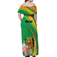 Personalized Congo Republic Day Off Shoulder Maxi Dress Coat Of Arms With Tropical Flower - Wonder Print Shop