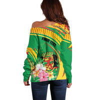 Personalized Congo Republic Day Off Shoulder Sweater Coat Of Arms With Tropical Flower - Wonder Print Shop