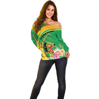 Personalized Congo Republic Day Off Shoulder Sweater Coat Of Arms With Tropical Flower - Wonder Print Shop
