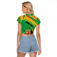 Personalized Congo Republic Day Raglan Cropped T Shirt Coat Of Arms With Tropical Flower - Wonder Print Shop