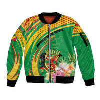Personalized Congo Republic Day Sleeve Zip Bomber Jacket Coat Of Arms With Tropical Flower - Wonder Print Shop