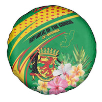 Congo Republic Day Spare Tire Cover Coat Of Arms With Tropical Flower - Wonder Print Shop