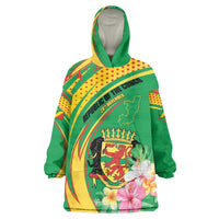 Personalized Congo Republic Day Wearable Blanket Hoodie Coat Of Arms With Tropical Flower - Wonder Print Shop