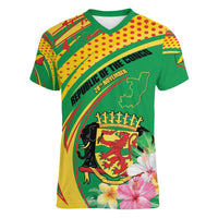 Personalized Congo Republic Day Women V-Neck T-Shirt Coat Of Arms With Tropical Flower - Wonder Print Shop