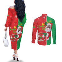 Burkina Faso Christmas Couples Matching Off The Shoulder Long Sleeve Dress and Long Sleeve Button Shirt Black Santa Joyeux Noel - Wonder Print Shop