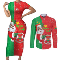 Burkina Faso Christmas Couples Matching Short Sleeve Bodycon Dress and Long Sleeve Button Shirt Black Santa Joyeux Noel - Wonder Print Shop