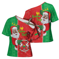 Burkina Faso Christmas Cross Shoulder Shirt Black Santa Joyeux Noel - Wonder Print Shop