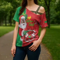 Burkina Faso Christmas Cross Shoulder Shirt Black Santa Joyeux Noel - Wonder Print Shop