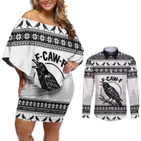 Funny Christmas F Caw F Raven Couples Matching Off Shoulder Short Dress and Long Sleeve Button Shirt Merry Craw Mas - Wonder Print Shop