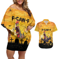 Personalized Funny Halloween Zombie Chicken Couples Matching Off Shoulder Short Dress and Hawaiian Shirt F’Caw Scary Poultry - Wonder Print Shop
