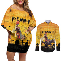 Personalized Funny Halloween Zombie Chicken Couples Matching Off Shoulder Short Dress and Long Sleeve Button Shirt F’Caw Scary Poultry - Wonder Print Shop