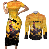 Personalized Funny Halloween Zombie Chicken Couples Matching Short Sleeve Bodycon Dress and Long Sleeve Button Shirt F’Caw Scary Poultry - Wonder Print Shop