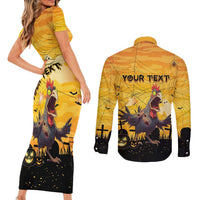 Personalized Funny Halloween Zombie Chicken Couples Matching Short Sleeve Bodycon Dress and Long Sleeve Button Shirt F’Caw Scary Poultry - Wonder Print Shop