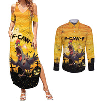 Personalized Funny Halloween Zombie Chicken Couples Matching Summer Maxi Dress and Long Sleeve Button Shirt F’Caw Scary Poultry - Wonder Print Shop