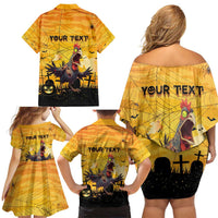 Personalized Funny Halloween Zombie Chicken Family Matching Off Shoulder Short Dress and Hawaiian Shirt F’Caw Scary Poultry - Wonder Print Shop
