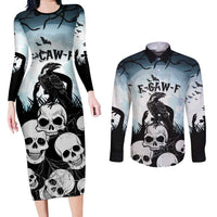 Personalized Funny Halloween F’Caw Raven Couples Matching Long Sleeve Bodycon Dress and Long Sleeve Button Shirt Black Bird Crow With Skulls - Wonder Print Shop