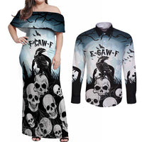 Personalized Funny Halloween F’Caw Raven Couples Matching Off Shoulder Maxi Dress and Long Sleeve Button Shirt Black Bird Crow With Skulls - Wonder Print Shop