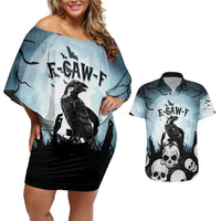 Personalized Funny Halloween F’Caw Raven Couples Matching Off Shoulder Short Dress and Hawaiian Shirt Black Bird Crow With Skulls - Wonder Print Shop